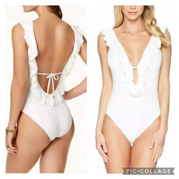 Michael Kors Ruffle One Piece Plunge Gold Accents Swimsuit Size 12 - Picture 1 of 9